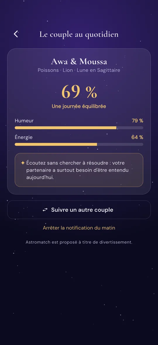 Écran « Le couple au quotidien » : Awa et Moussa, 69 %, humeur 79 %, énergie 64 % et un conseil du jour
